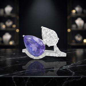 Bague Statement Toi et Moi en Or 10K 14K 18K et Argent 925 935 avec Saphir Bleu Taille Poire et Moissanite Diamant, Bijoux Fins - Product Image 1