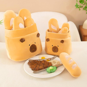 Divertido realista cuatro baguette francés encantador marrón capybara cara bolsa redonda juguetes suaves conjunto escritorio decoración algodón comida pan de felpa - Product Image 3