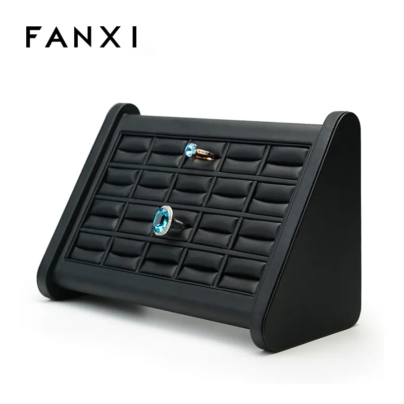 FANXI clásico de negro de cuero de la PU de inclinación estilo anillos de joyería pantalla Prop soporte tienda escaparate expositor anillo de dedo titular