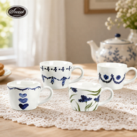 Tasse à café rustique bleue à fleurs SWT Farmhouse avec poignée ronde, mug en céramique pour la maison, la cuisine, le petit-déjeuner, la décoration
