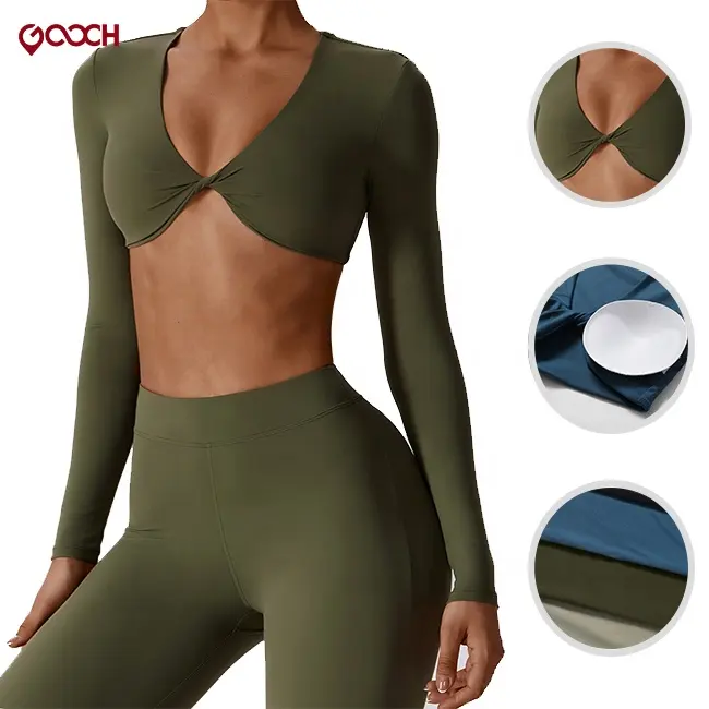 Pakaian kebugaran wanita, atasan pendek untuk kebugaran lengan panjang kerah V dalam bernapas angin terbuka pusar Yoga