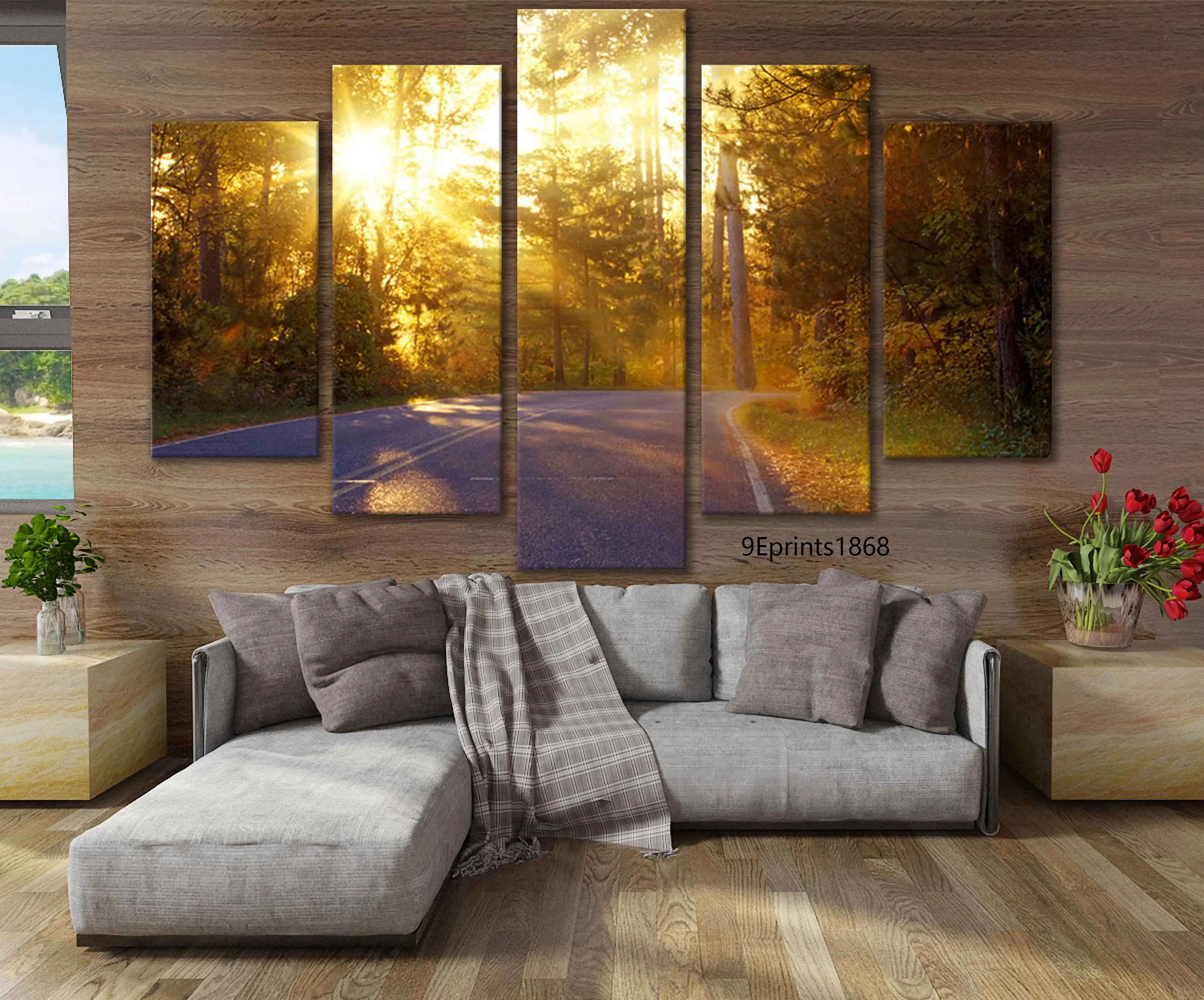 Pinturas de paisaje personalizadas, 5 paneles de sol, ráfagas a través del bosque en carretera en Itasca, impresiones en lienzo de arte de pared, venta al por mayor