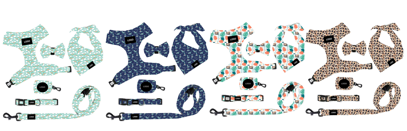 Nylon Pet Harness Leash Collar Set Six Piece Exquisite Sets With Chest Strap Bow Square Scarf Suits