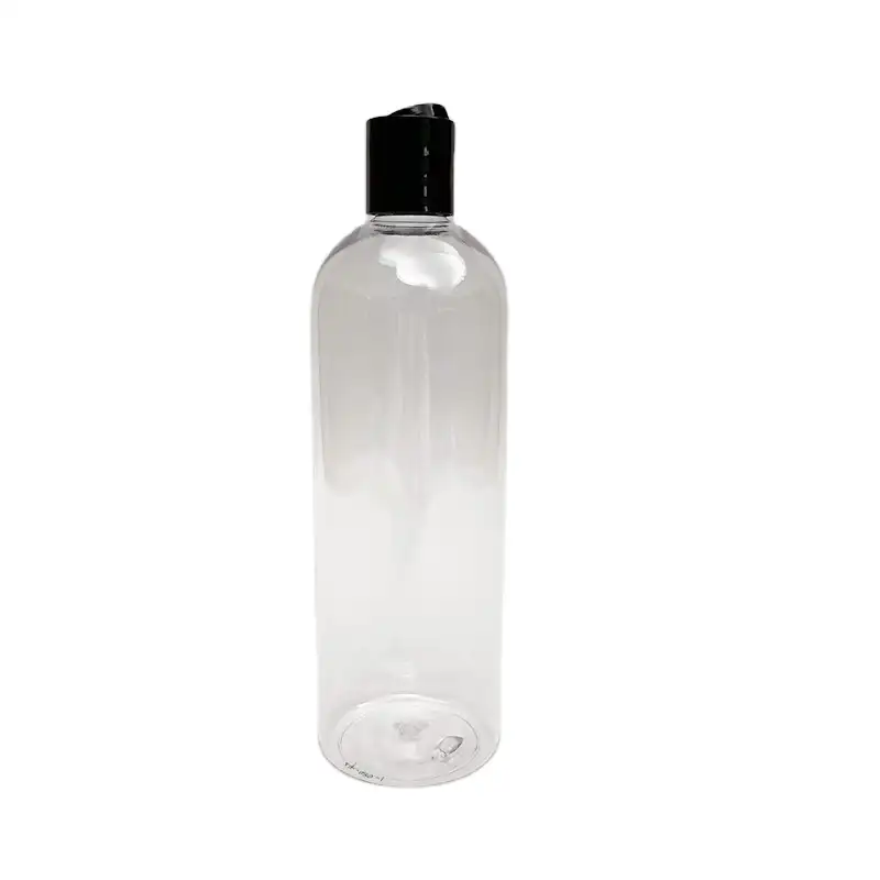 Empty 480ml 16oz PET cosmo round shampoo conditioner plastic bottle with disc cap