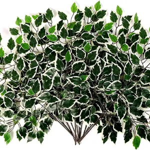 12Pcs Artificial Variegated Ficus Leaves Tree Branches Greenery Indoor Outdoor Plant for Office House Farmhouse Home