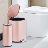 Poubelle de salle de bain de 5 litres avec pédale, couvercle à fermeture douce, couleur rose et ensemble de porte-brosse de toilette