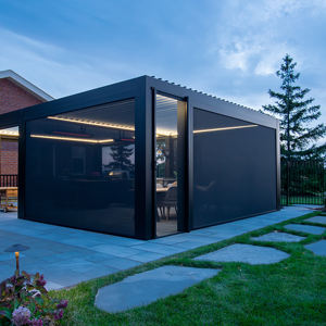 Teras Aluminium bermotor taman Gazebos dapat ditarik Bioclimatique luar ruangan pelindung matahari Louver Pergola kayu plastik paduan balkon - Product Image 1
