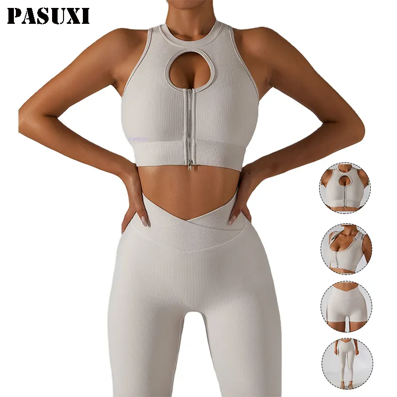 PASUXI-ropa de entrenamiento de Fitness, conjunto de Yoga acanalado de manga larga personalizado, 5 piezas con chaqueta, conjunto de gimnasio, ropa activa sin costuras