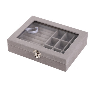 Caja de joyería de terciopelo con 9 compartimentos para guardar anillos, pendientes, collares, rosa, gris, blanco, 20x15x5cm - Product Image 5