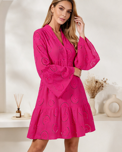 Robe décontractée fuchsia pour femme, style chemise, manches cloche, découpes ajourées, coupe ample trapèze, idéale pour la maison, la plage, les cocktails et les occasions spéciales - Product Image 2