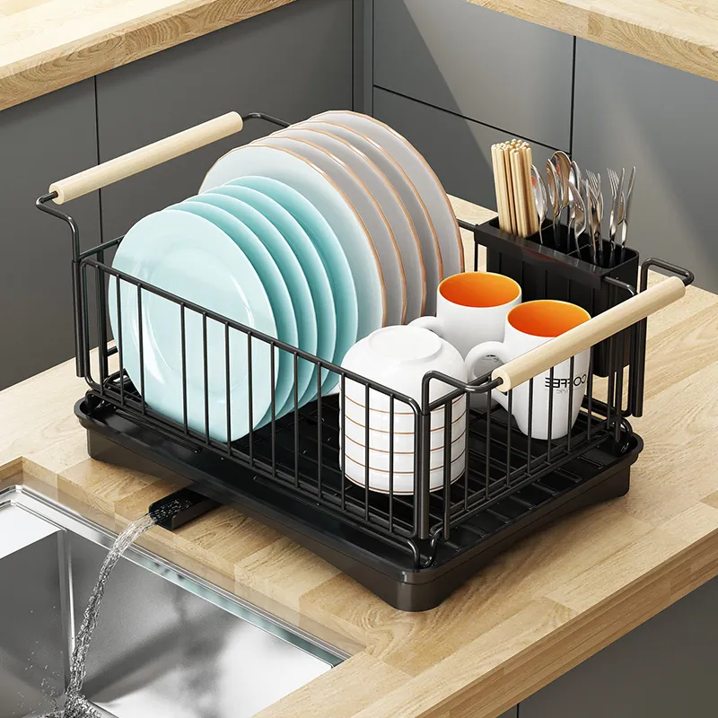 Dish Drying Rack With Cutlery holder 360 Degree Rotation Water Channel Stainless Steel Counter Top Dish Drainer