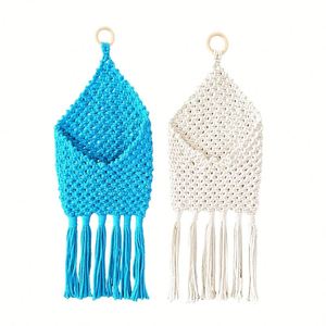 Decoración de Pared de Macramé y Ratán Hecha a Mano con Borlas, Estilo Bohemio, Bolsa de Almacenamiento para Decoración del Hogar y Sala de Estar - Product Image 5