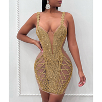 Nouvelle Arrivée Ocstrade – Robe Courte Transparente en Maille avec Strass Dorés et Cristaux, Bretelles Larges, Sexy, pour Soirées et Clubs, Collection Femme 2026