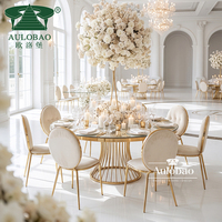 Mesa de Comedor Redonda con Pedestal Cónico, Tapa de Vidrio Templado con Acabado Espejo en Acero Inoxidable Dorado para Eventos de Boda