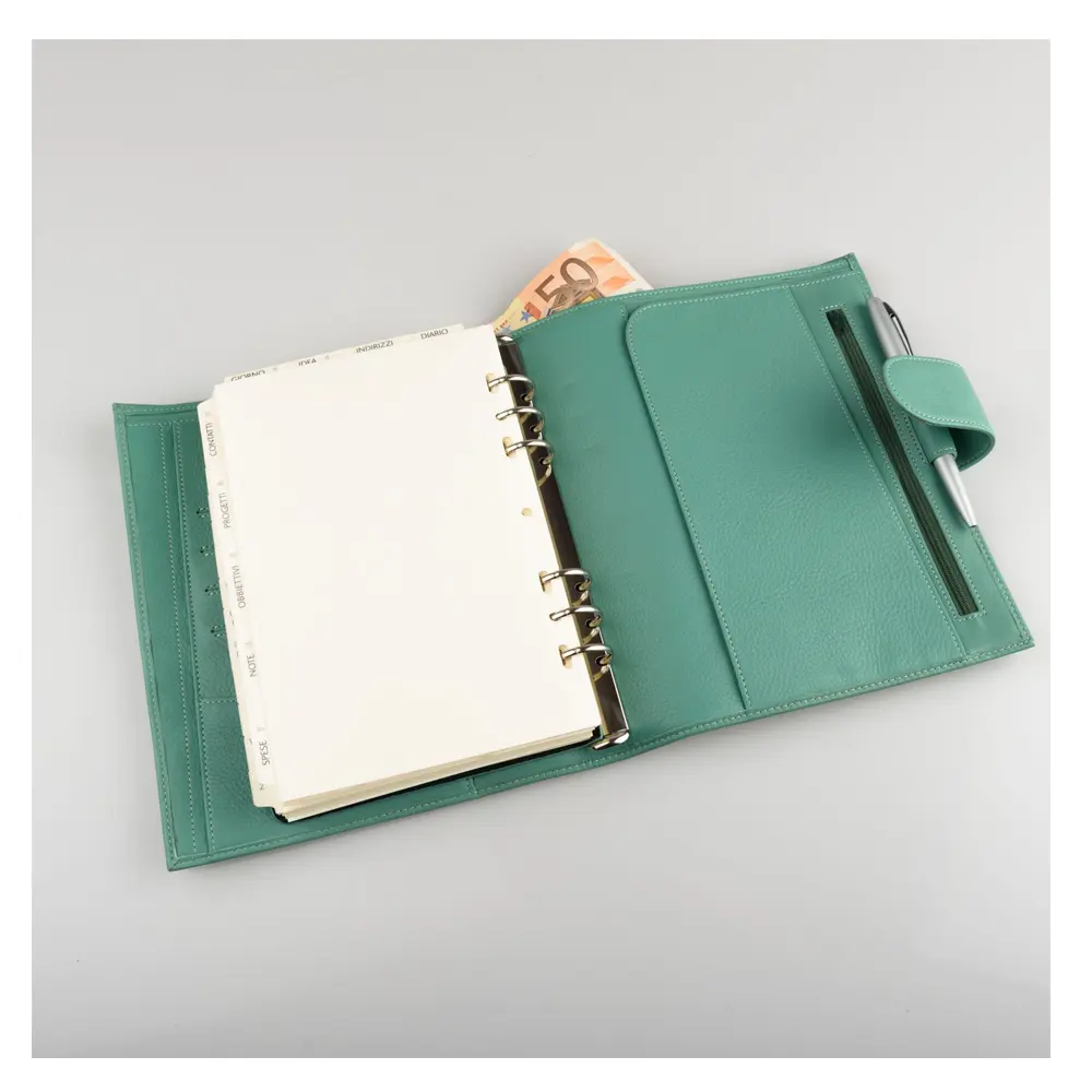 High quality business notebook a5 pu leather loose-leaf 6 ring binder soft cover with elastic strap diary refillable inner pages