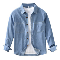 Kemeja Denim Lengan Panjang Pria dengan Logo Custom, Kasual Vintage, Dapat Dicuci, Kancing Depan, Kantong Dada, Overshirt Denim, Bahan Polyester/Katun