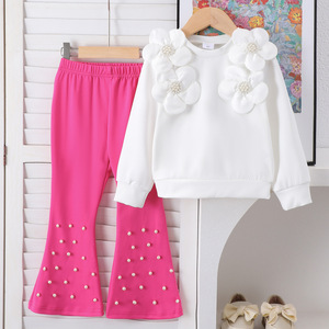 Set di Abbigliamento per Bambine Primavera-Autunno 2026, Stile Coreano, <span class=keywords><strong>Felpa</strong></span> Floreale e Pantaloni a Zampa con Perle, 2 Pezzi - Product Image 1