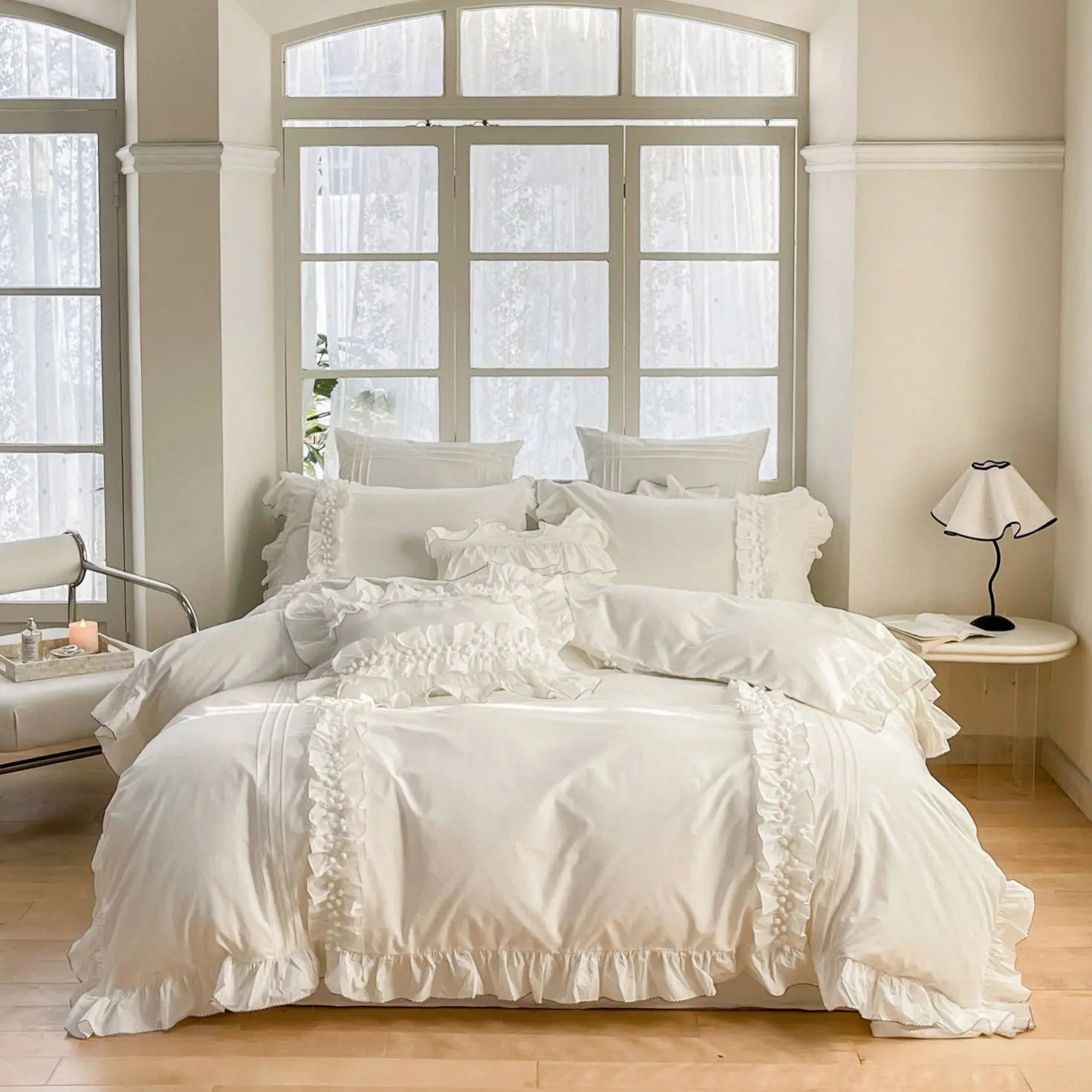 Wholesale household luxury designer ruffles solid color king size bed sheet cotton white bedding set