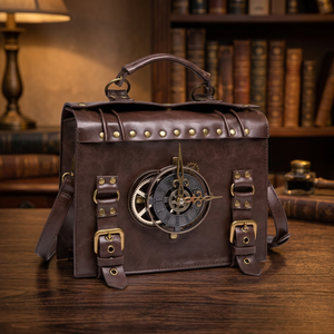 Sac à bandoulière vintage en cuir véritable pour femme, style steampunk, printemps été automne hiver, fermeture éclair, décoration horloge, rivets - Product Image 3