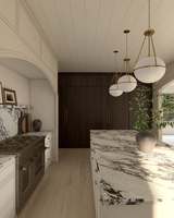 Meubles de cuisine sur mesure de luxe Vermonhouzz, deux tons, avec crédence en marbre et quincaillerie en laiton pour hôtel haut de gamme