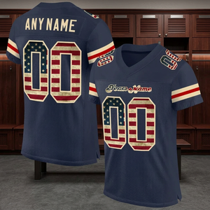 Custom Football Jersey Unisex <b>Navy</b> V-Neck Sublimated Flag Print Breathable Mesh Short Sleeve Adult Regular Fit Summer - Product Image 3