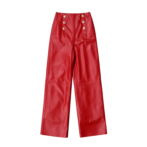 1624 New  Golden Buttons High Waist Straight Leg Pants  Women Genuine Leather Trousers