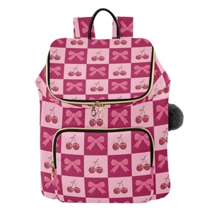 Fashion Pink Checkered Design School Bag Cherry Print Quilted Polyester Custom Logo Large Travel <b>Backpack</b> for Women - Product Image 1