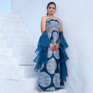 Elegant <b>Blue</b> Printed Sleeveless Peplum <b>Crop</b> <b>Top</b> with Palazzo and Organza Dupatta with Pearls Cut-dana and Mirror work - Product Image 1