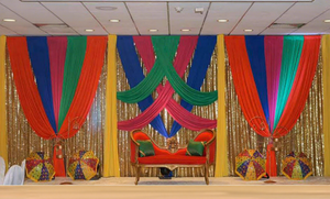 Wedding Mehndi Ceremony Wooden Moroccan <b>Bed</b> Set Traditional Wooden Moroccan <b>Bed</b> Set With Colorful Fabric Drapes For Mehndi Stage - Product Image 3