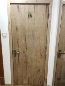 Jolie porte en bois de maison, entrée principale extérieure, noyau solide, portes modernes pivotantes en bois