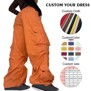 Custom OEM Manufacturer Vintage Pockets High Waist Streetwear Baggy Casual Ladies Long Parachute Cargo Pant For Women Trousers