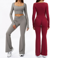 Setelan Olahraga Wanita Berkualitas Tinggi, Bahan Dry Fit, Lengan Panjang, Model Longgar, Celana Jogger, Celana Flare