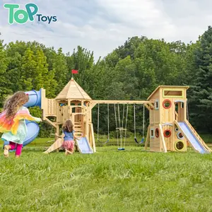 TOP Hot Sales Outdoor Playground Geometric Shape Design Wooden Playground Slide Set Wooden Climbing Frame