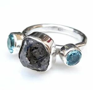 Bague de déclaration d'amour en argent Sterling 925, pierres précieuses naturelles, ioléite et topaze bleue, bijou de styliste - Product Image 1