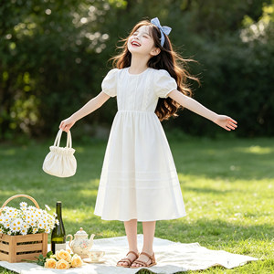 Vestito da bambina in cotone morbido bianco stile francese, abito da principessa <span class=keywords><strong>chic</strong></span> per bambine con gonna lunga e maniche a palloncino, per bambine più grandi - Product Image 5