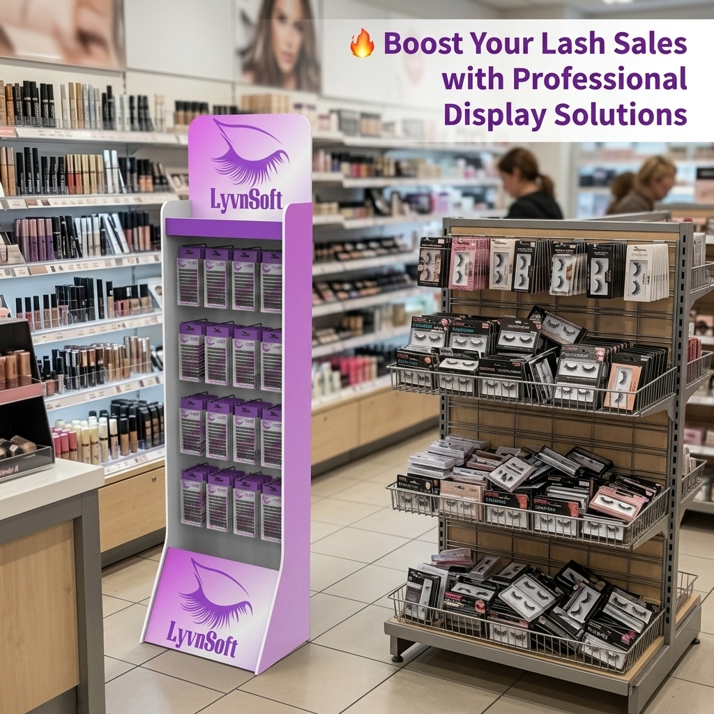 Custom Branding PVC Eyelash Floor Display Stand With Hooks- 4 Tier Modular Makeup & Lash Retail Rack for Beauty Store — view 2