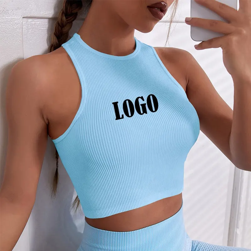 Y2k vente en gros de haute qualité femmes LOGO personnalisé haut court chemises 100% coton blanc Sexy fille débardeur ensembles Gym sport haut court