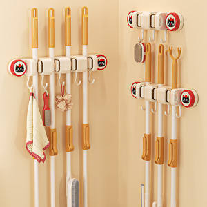 Bathroom Mop <b>Clip</b> Wall Mounted Strong Suction Cup Holder With <b>Hooks</b> For Towel And Cleaning Tools - Product Image 4