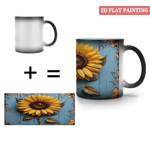 Taza de Cerámica Negra Esmerilada de 11 oz, Taza Termosensible con Diseño de Girasol, Pintura Plana 2D - Product Image 4