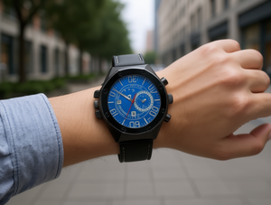 Orologio cronografo da uomo, cassa in acciaio inossidabile, cinturino in pelle, quadrante blu, forma rotonda - Product Image 2