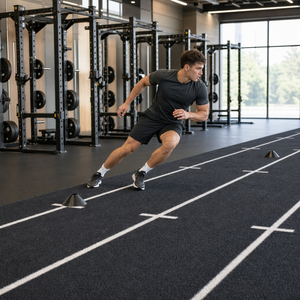 Revêtement de sol sportif en caoutchouc noir antidérapant et absorbant les chocs, tapis de gym avec ligne de départ et numéros marqués - Product Image 2