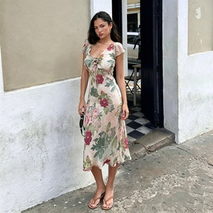 Vestido Casual de Verano 2026 con Estampado Floral, Cuello en V, Manga con Volantes, Malla, Flores 3D, Contraste de Color, Cintura Natural, Ecológico - Product Image 4