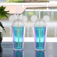 Vente en gros, gobelet d'été à double paroi réutilisable, gobelet d'été en plastique acrylique transparent avec paille et couvercle d'oreilles de souris 16oz