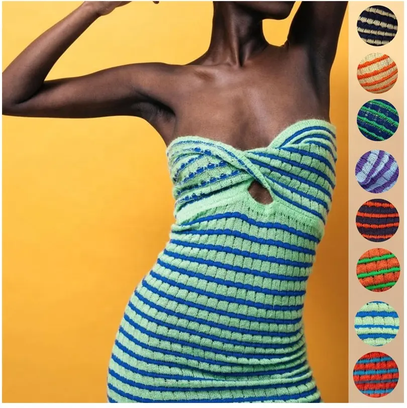 Spring Summer Dress 2023 Color Block Mini Sexi Tube Dress Bodycon Club Party Casual Sexy Strapless Knit Dress Women