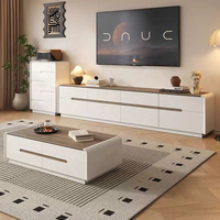 Ensemble meuble TV et table basse en bois massif, style moderne minimaliste, couleur noyer, console sur pied pour salon, compatible téléviseurs 65 pouces