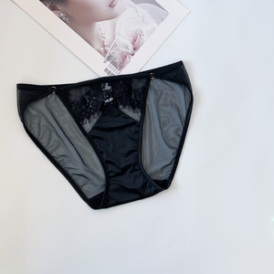 Wholesale Women Knitted Nylon Satin Lace Briefs Solid Color <b>Mid</b>-Rise Sheer Mesh Sexy Breathable Quick Dry Thin Elegant - Product Image 2