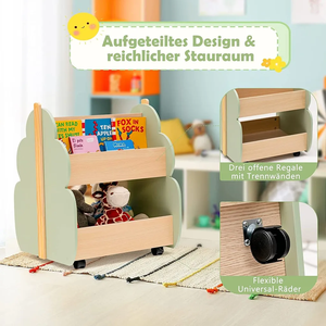 Libreria per Bambini 202511 con 3 Ripiani Aperti, Contenitore in Legno per Giocattoli, Organizzatore per Bambini con Ruote - Product Image 3