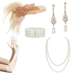 1920s Flapper Accessoires Gatsby Costume Accessoires Set 20s Flapper Bandeau Perle Collier Gants