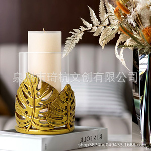 Gold Resin <b>Candle</b> Holder <b>Set</b> Tropical Leaf Design Home Decoration For Living Room Craft Ornament With Glass Jar - Product Image 3