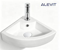 Lavabo d'angle mural moderne en céramique blanche, design compact, pour maisonnette, prêt à l'emploi, avec robinet monotrou facile à nettoyer, siphon et trop-plein